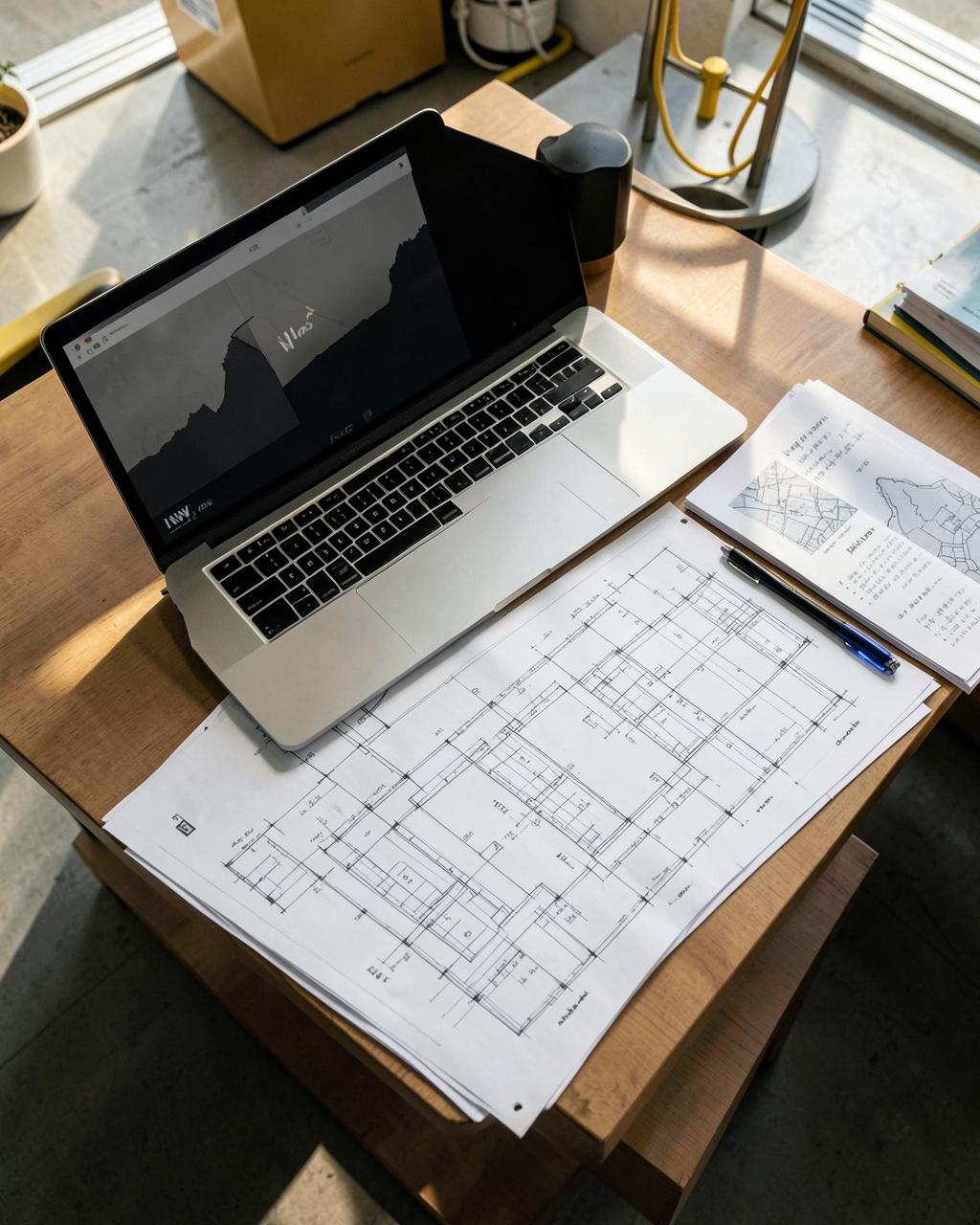 Poste de travail avec ordinateur, documents et plans techniques